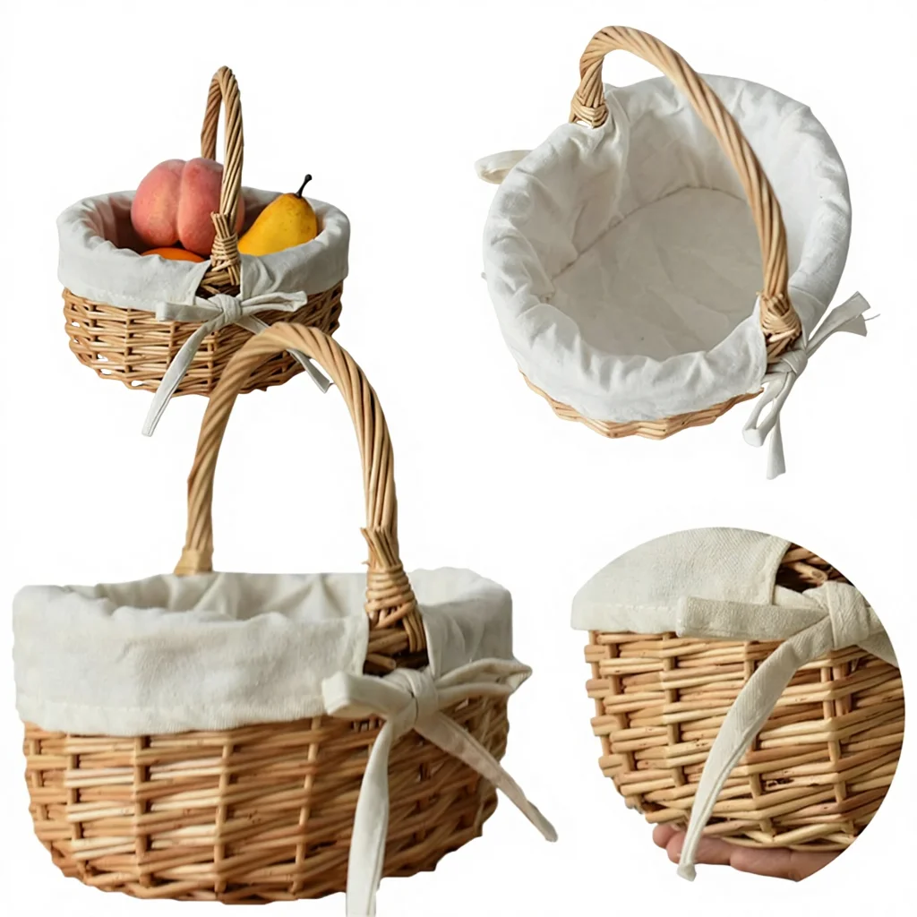 Small Wooden Gift Basket Round Woven Fruit Baskets Bulk Mini Picnic Baskets With Handle Garden Picking Berry Baskets