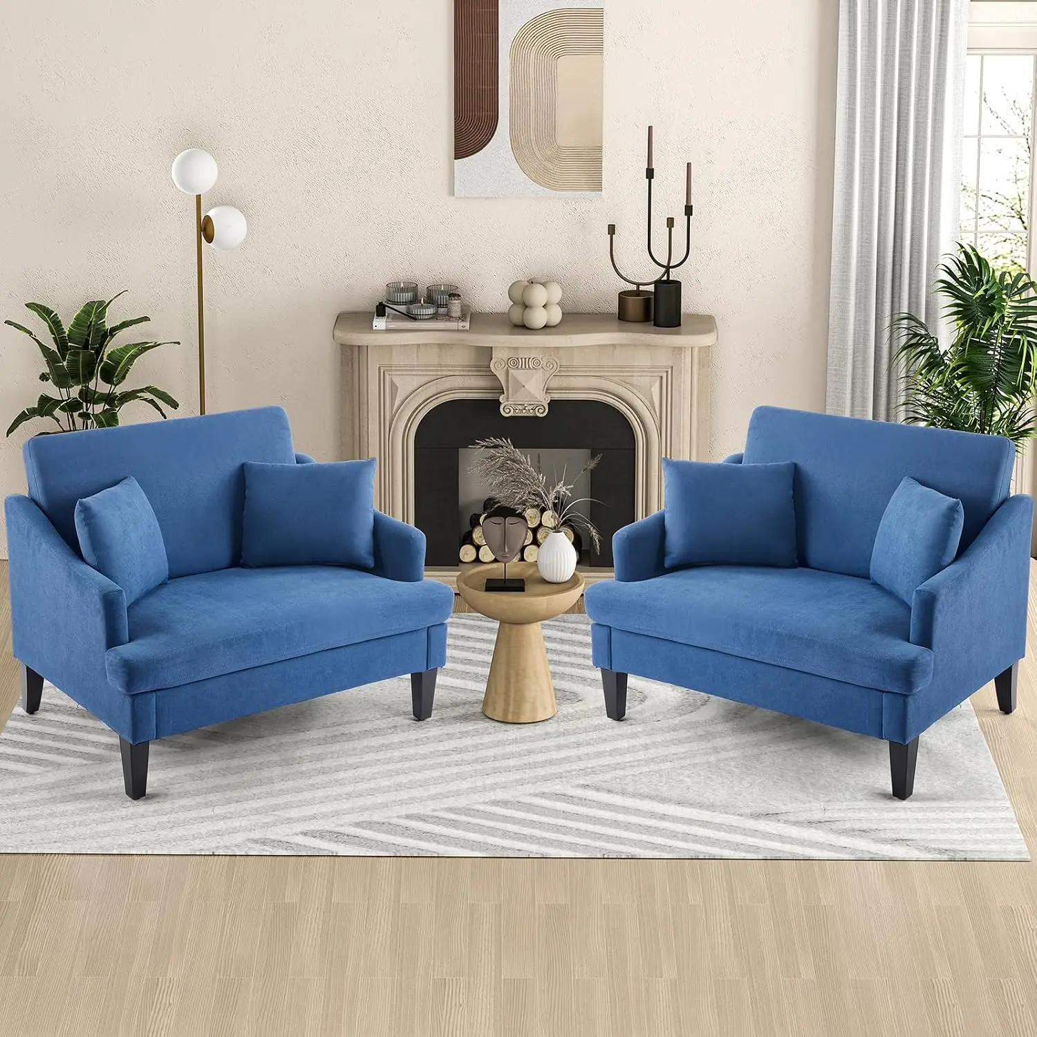 41'' Upholstered Oversized Accent Chairs Set of 2, Blue | Wide Seat Comfy Armchair with 2 Pillows, Reading Chair, Modern