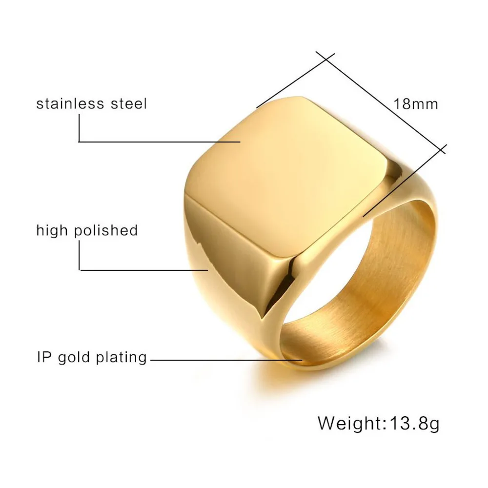 Punk vergulde ringen voor mannen, zwarte geometrische vierkante steen zegelring, mannelijke dikke duimring