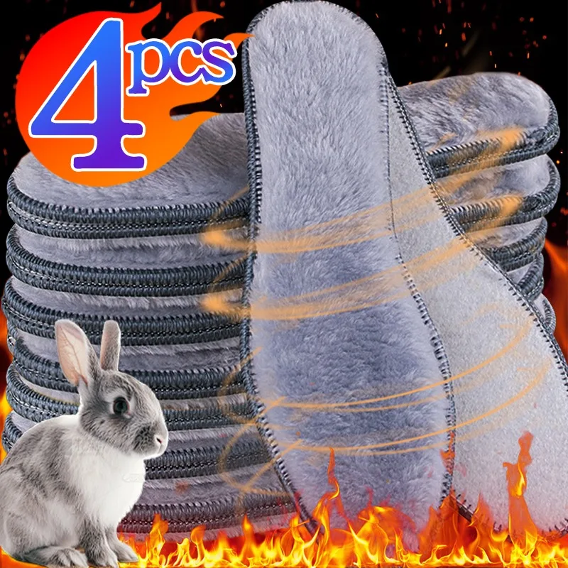2/4Pcs Thicken Warm Plush Insoles Women Men Faux Rabbit Fur Winter Long Plush Self Heated Insert Deodorant Breathable Shoe Pads