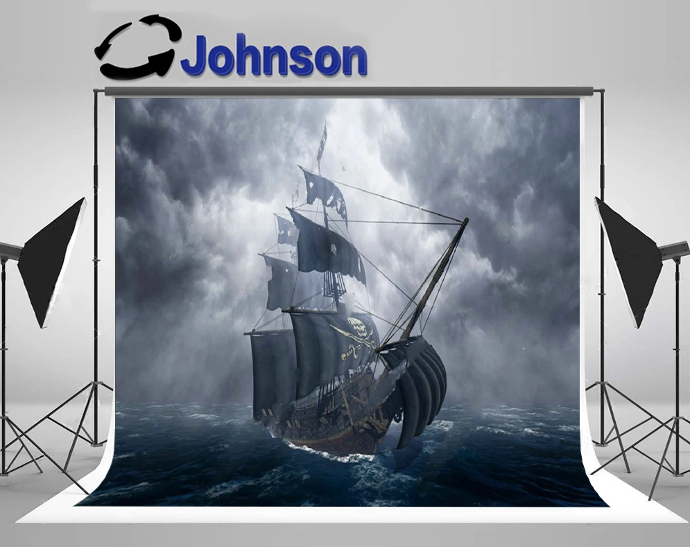 

JOHNSON Pirate Ship Stormy Sea Dark Sailboat Clouds backdrop High quality Computer print party photography studio background