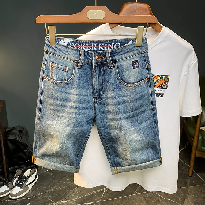 Dunne Denim Shorts Voor Men2024zomerse Nieuwe Borduurmodieus High-End Uniek Design Vrijetijdsbroeken Voor De Vijfde