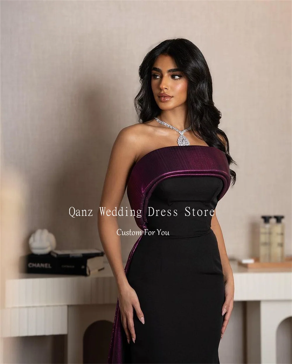 Qanz Strapless Mermaid Evening Dresses Arabic Prom Dresses 2024 Luxury Satin Corset Back Formal Occasion Dresses Customized