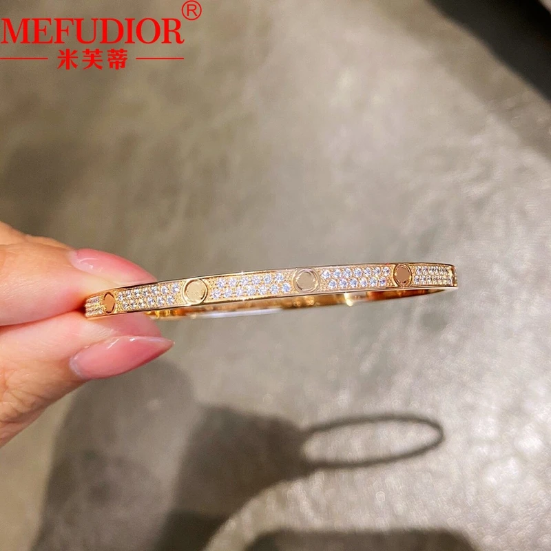 18K Real Rose/White/Yellow Gold 4mm Narrow Women Bracelet Starry Sky Two Row D VVS Moissanite Diamond Bangle Luxury Jewelry Gift