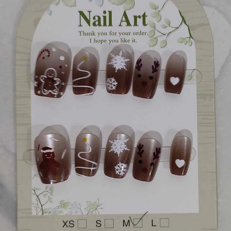 10 Pcs Cute Christmas Snowflake Milu Deer Handmade Press on Nails Short Style Cat Eye Nails Patch Detachable Fake Nail Patches