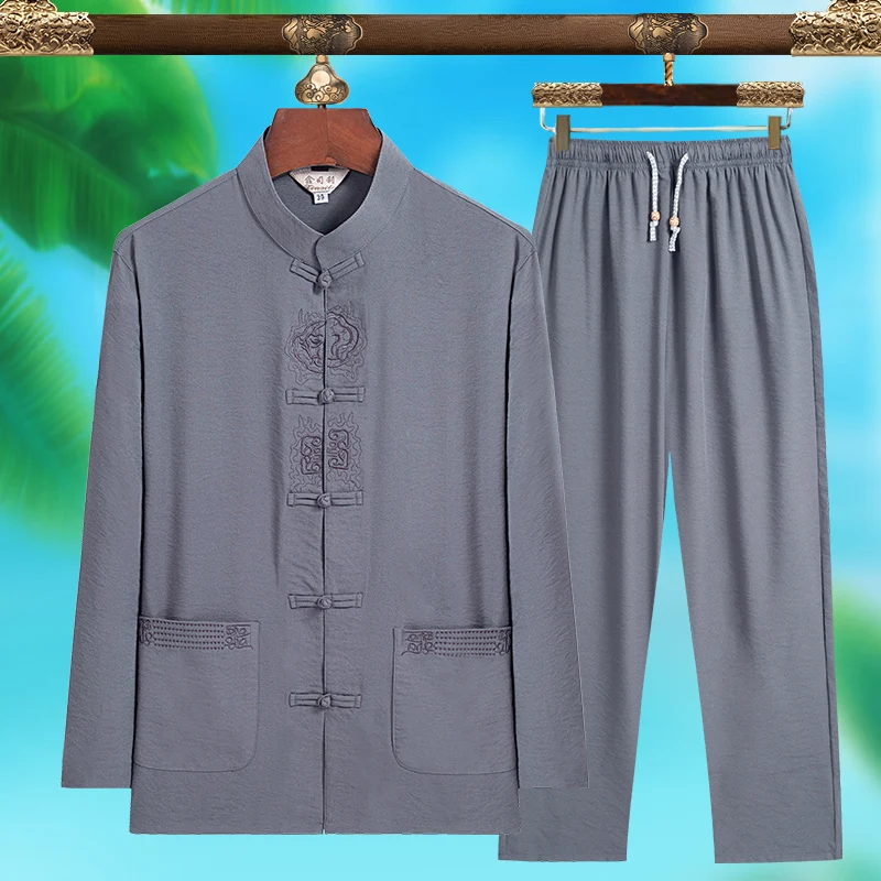 High-quality Men's Fashionable Tang Suit, Pure Silk Lightweight Long-sleeved Set, New Chinese-style Summer Wear