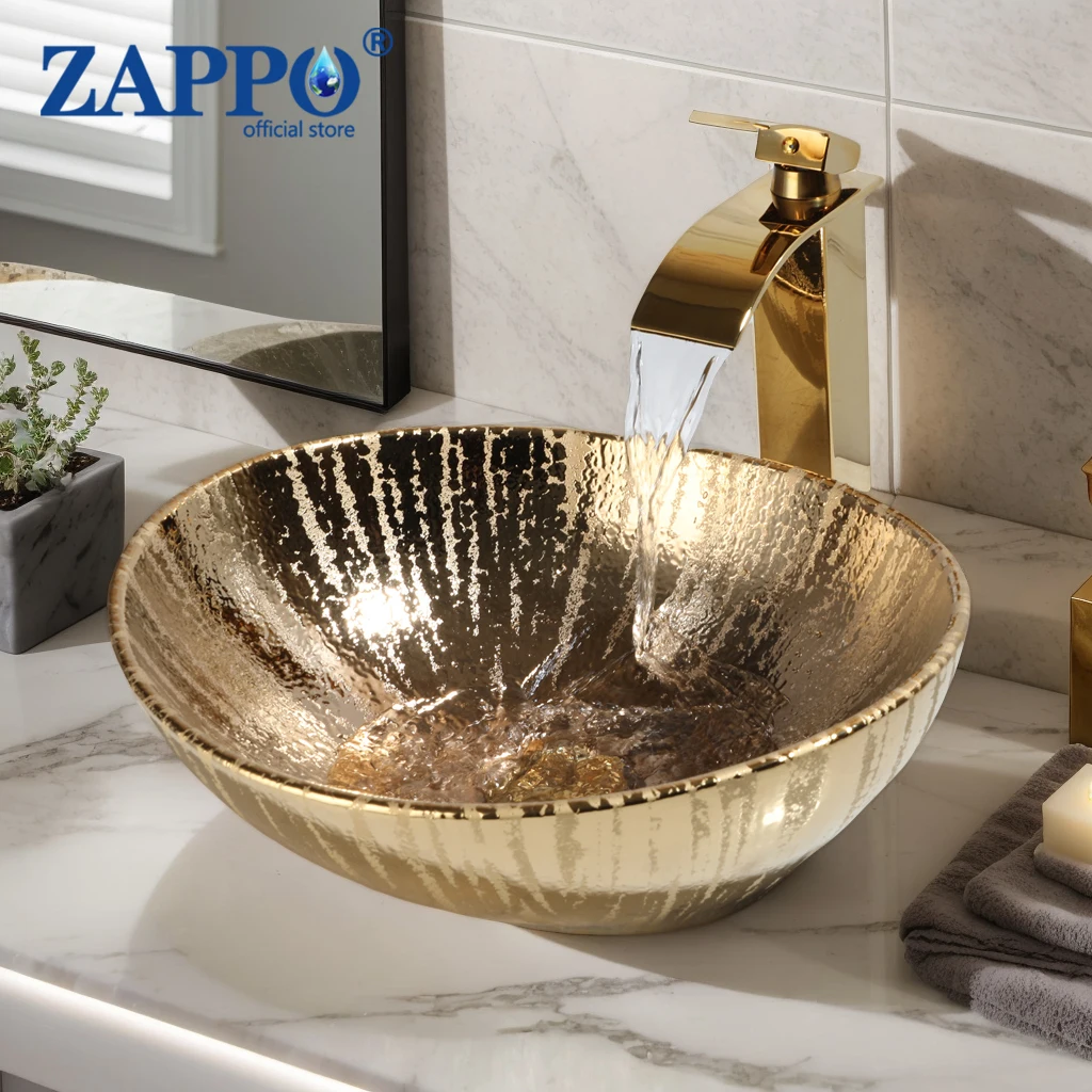 

ZAPPO Золотая керамическая раковина для ванной комнаты, овальная раковина для ванной комнаты, раковина над столешницей для ванных комнат, винтажная чаша, маленькая раковина США