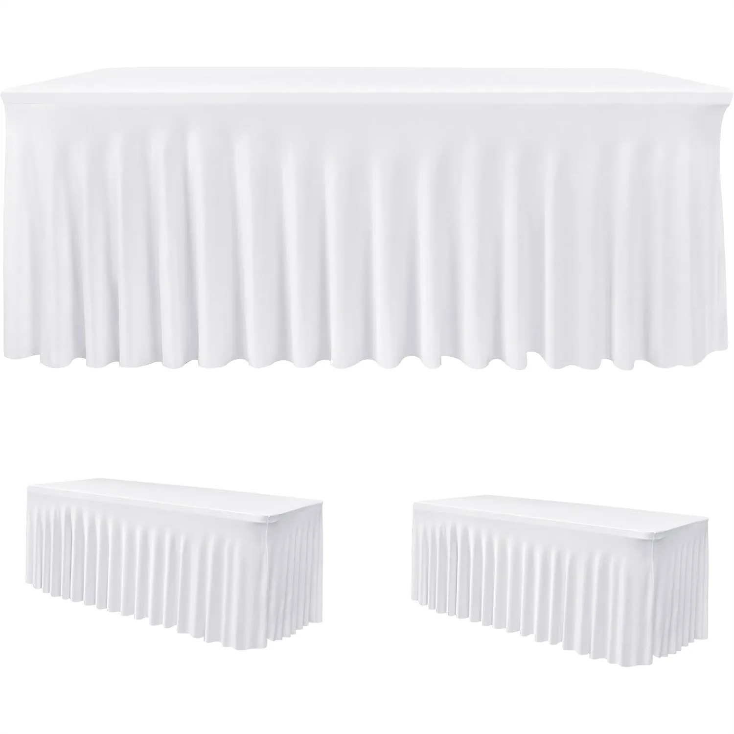 

2 Pack Spandex Table Skirt for 6 Ft Rectangle Tables, White Fitted Stretch Tablecloth 30x72 Inch with Ruffle Design for Weddings