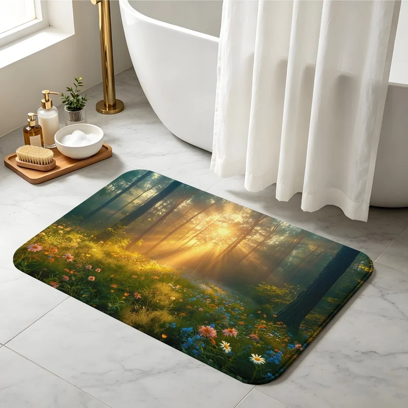Door Mat Flannel Sponge Forest Wildflower Sun for Bathroom Entryway Kitchen Bedroom Home Floor Decor
