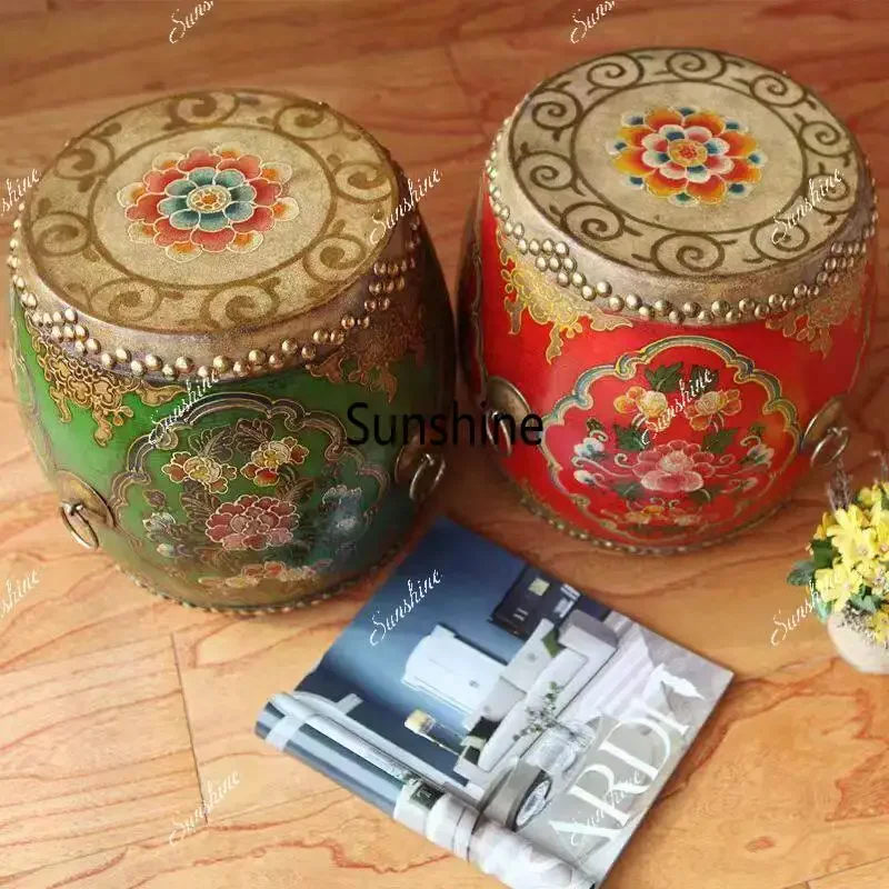 New Chinese solid wood cowhide drum stool retro hand-painted shoe changing stool