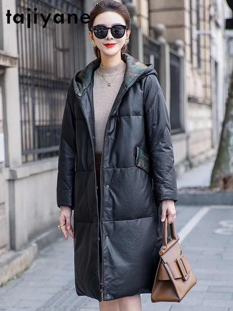 TAJIYANE 100% جلد الغنم سترة منفوخة المرأة مقنعين الأبيض أوزة أسفل معاطف فاخرة حقيقية سترات من الجلد 2025 ملابس امرأة كورت #3