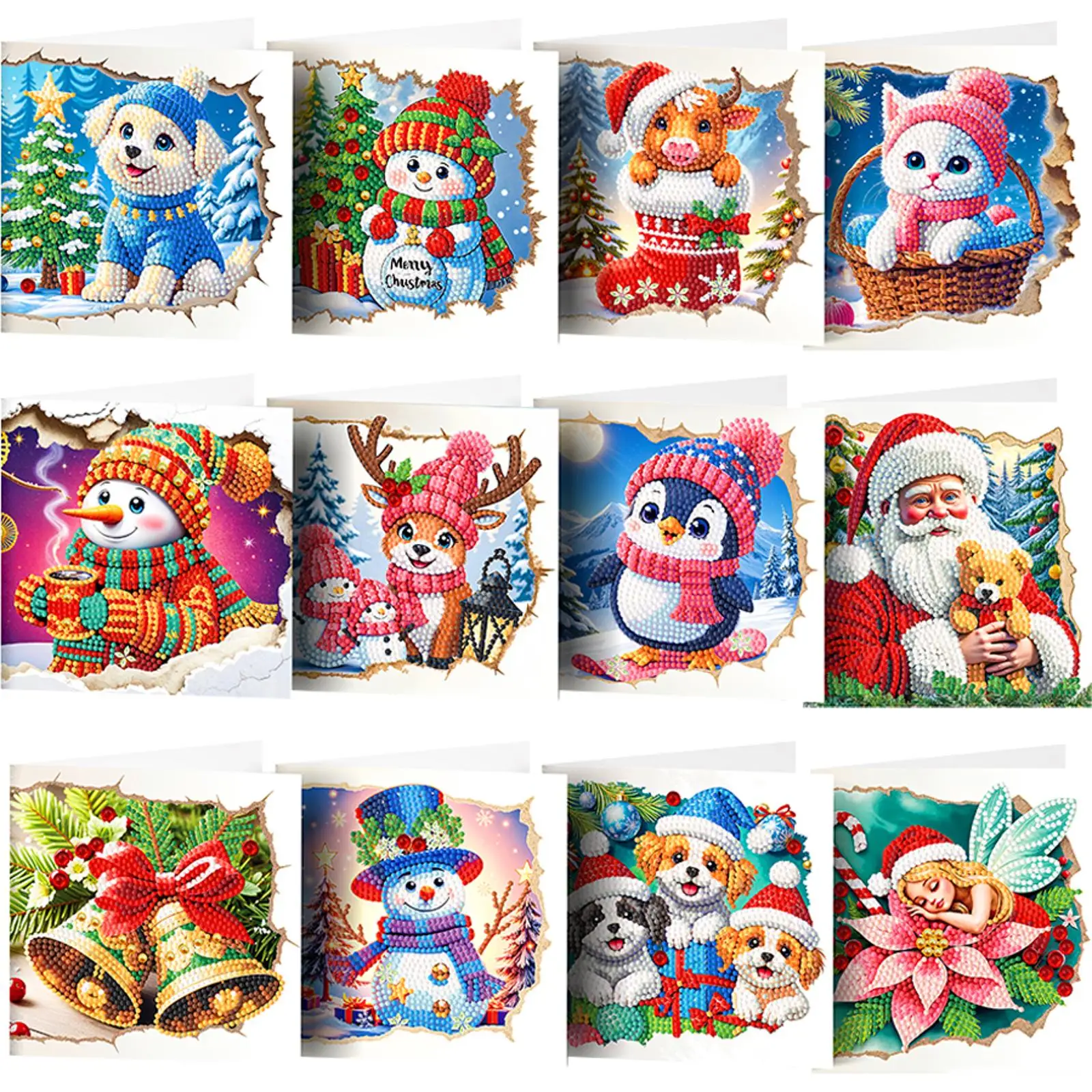 

12pcs DIY Xmas Print Diamond Painting Greeting Card Set Diamond Art Handmade Cards for Birthdays Thanksgiving & Special Occasion