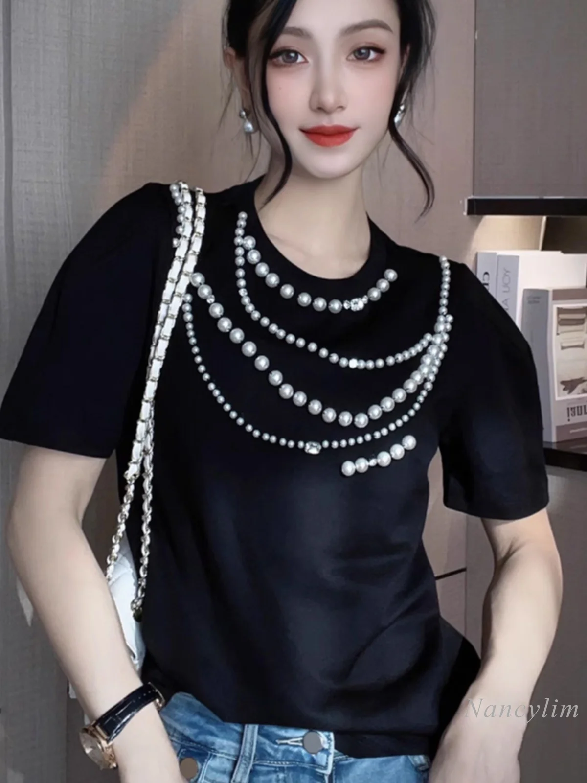 European Style Heavy Industry Pearl Beaded Round Neck Loose Top Cotton Short-Sleeved T-Shirt for Women Fashion Tees