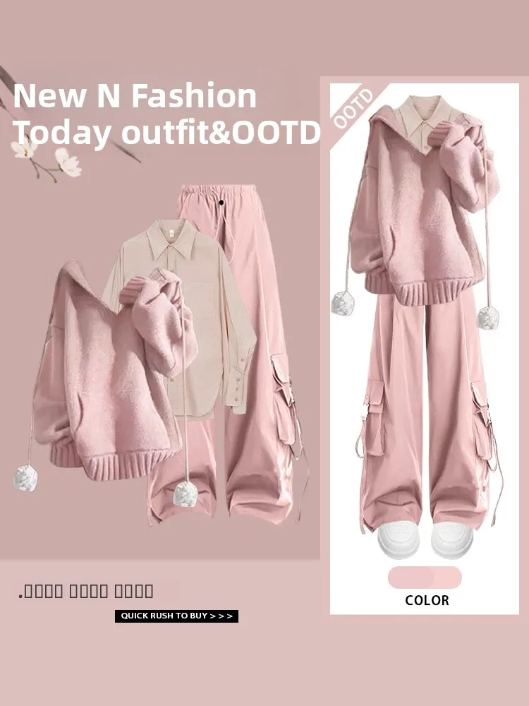 

Розовый свитер с капюшоном, женский облегающий свитер с высокой талией, рабочая одежда, брюки, комплект из футболки, весенний модный повседневный наряд с внутренней стороны