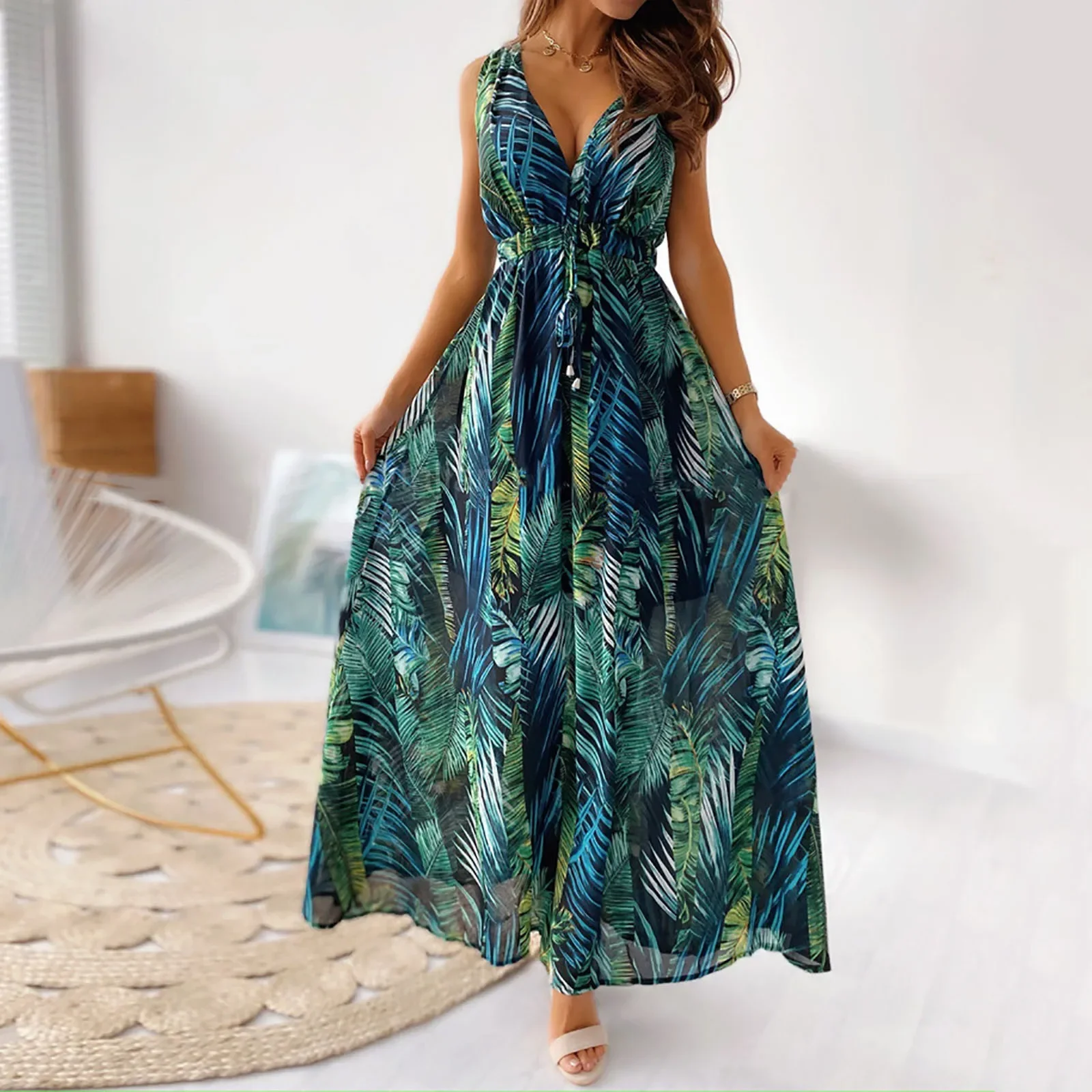 Maxi Jurk Vrouwen Met Diepe V-Hals Print Vintage Boho Veters Backless A-Lijn Lange Jurken Sexy Mouwloze Strandfeestjurk Vestik