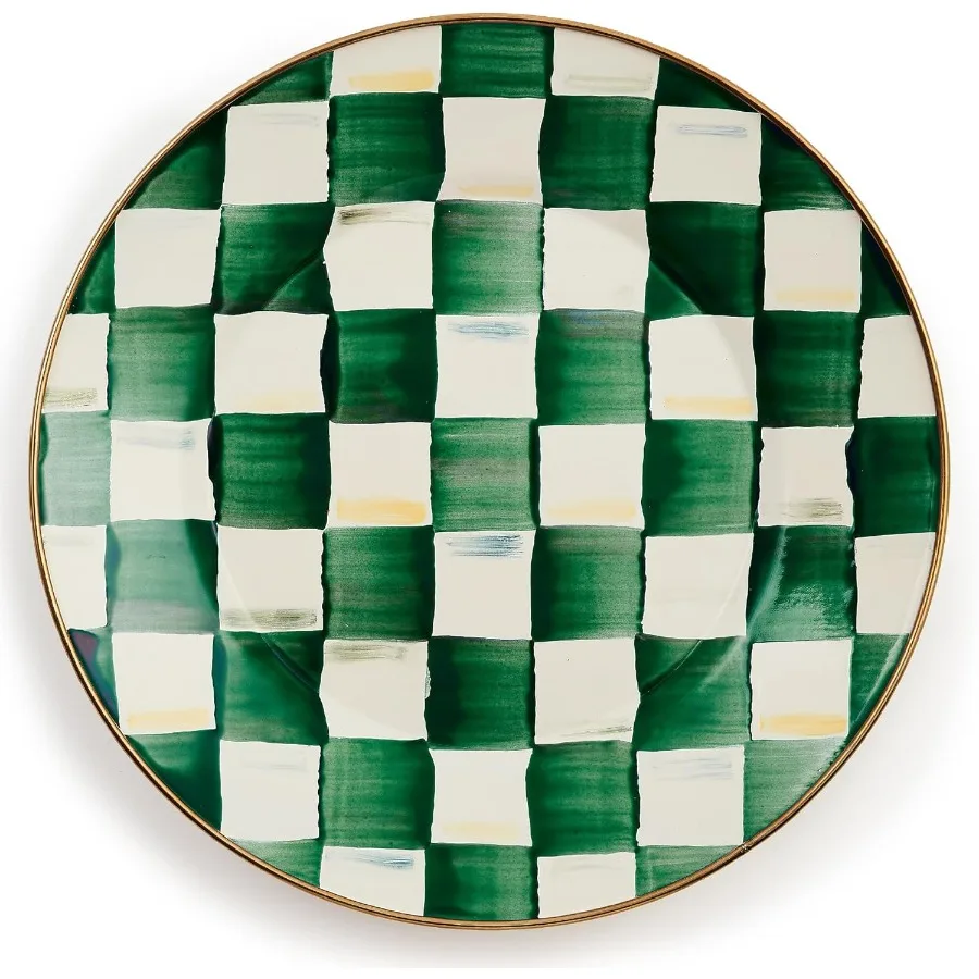 

Enamel Dinner Plate Decorative Dinnerware Plate 10 Inches GreenandWhite Emerald Check
