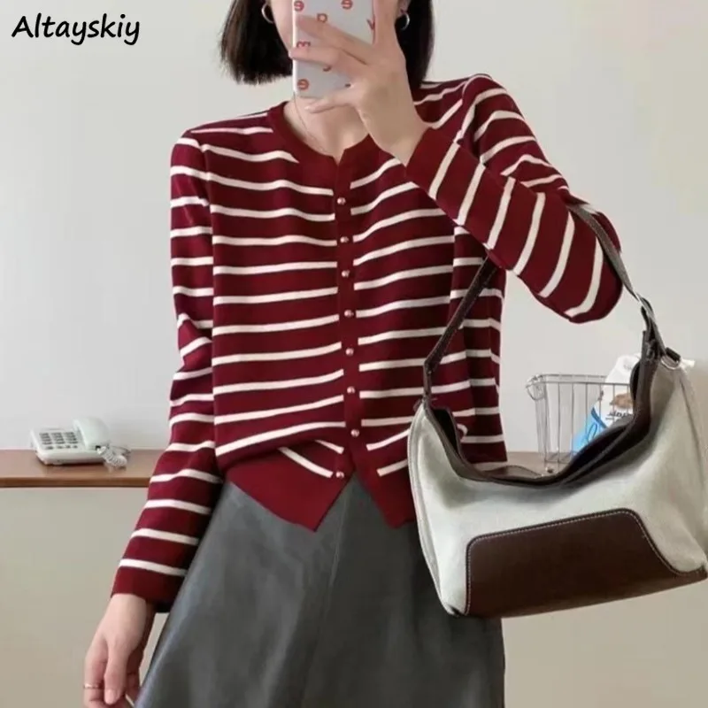 

Cardigans Women Long Sleeve Chic Korean Style Ins Striped O-neck Knitted Casual Fashion Students Young All-match High Street