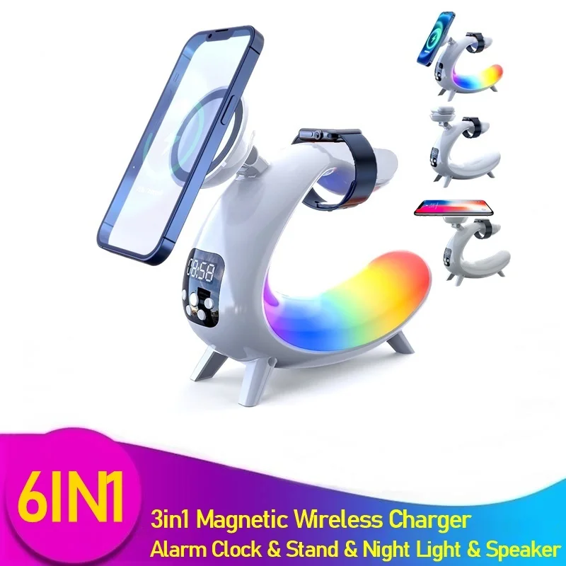 

Multifunctional Magnetic Wireless Charger Alarm Clock Speaker RGB Night Light Charging Station for Iphone 11 12 13 14 15 Samsung