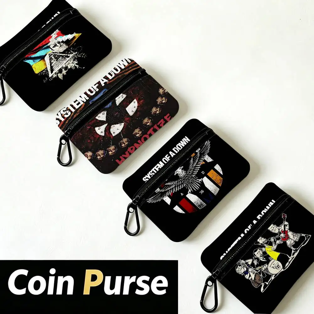 Heavy Metal Band System of A Down Compact Oxford Cloth Zipper Pouch Detachable Carabiner Mini Coin & Key Wallet