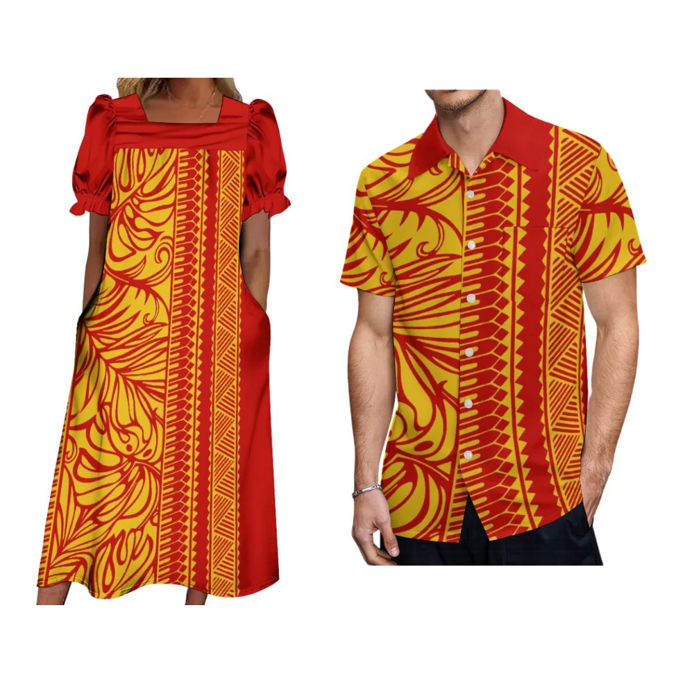 Microsia Custom Couple Set Polynesian Pattern Printed Summer Puffed Sleeve New Mumu Pocket Dress Casual Long Skirt Men'S Shirt