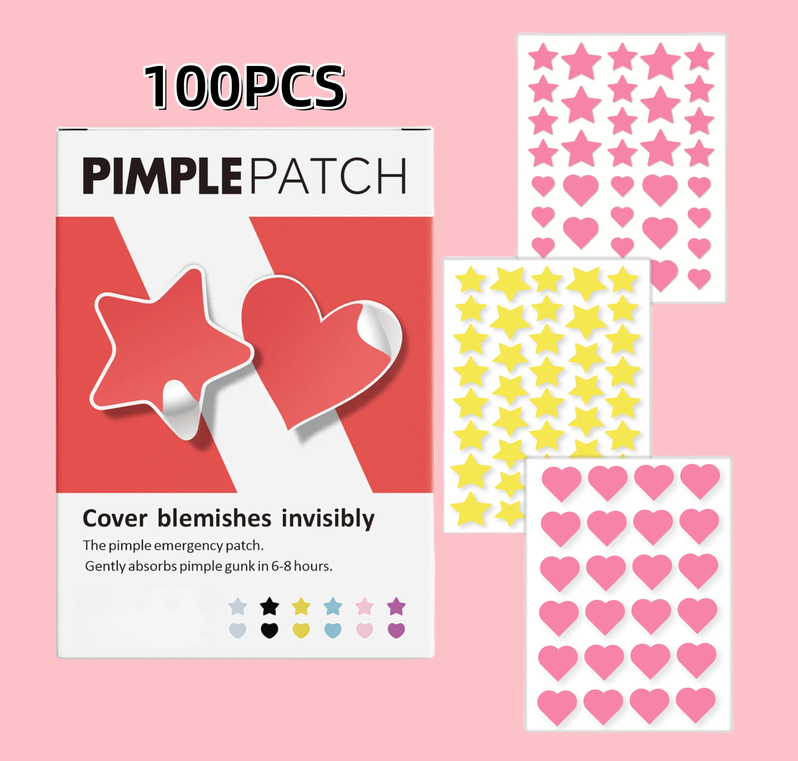 100pcs Pink Heart Star Acne Patches Waterproof Breathable For Covering Pimples And Caring Skin Daily Essential