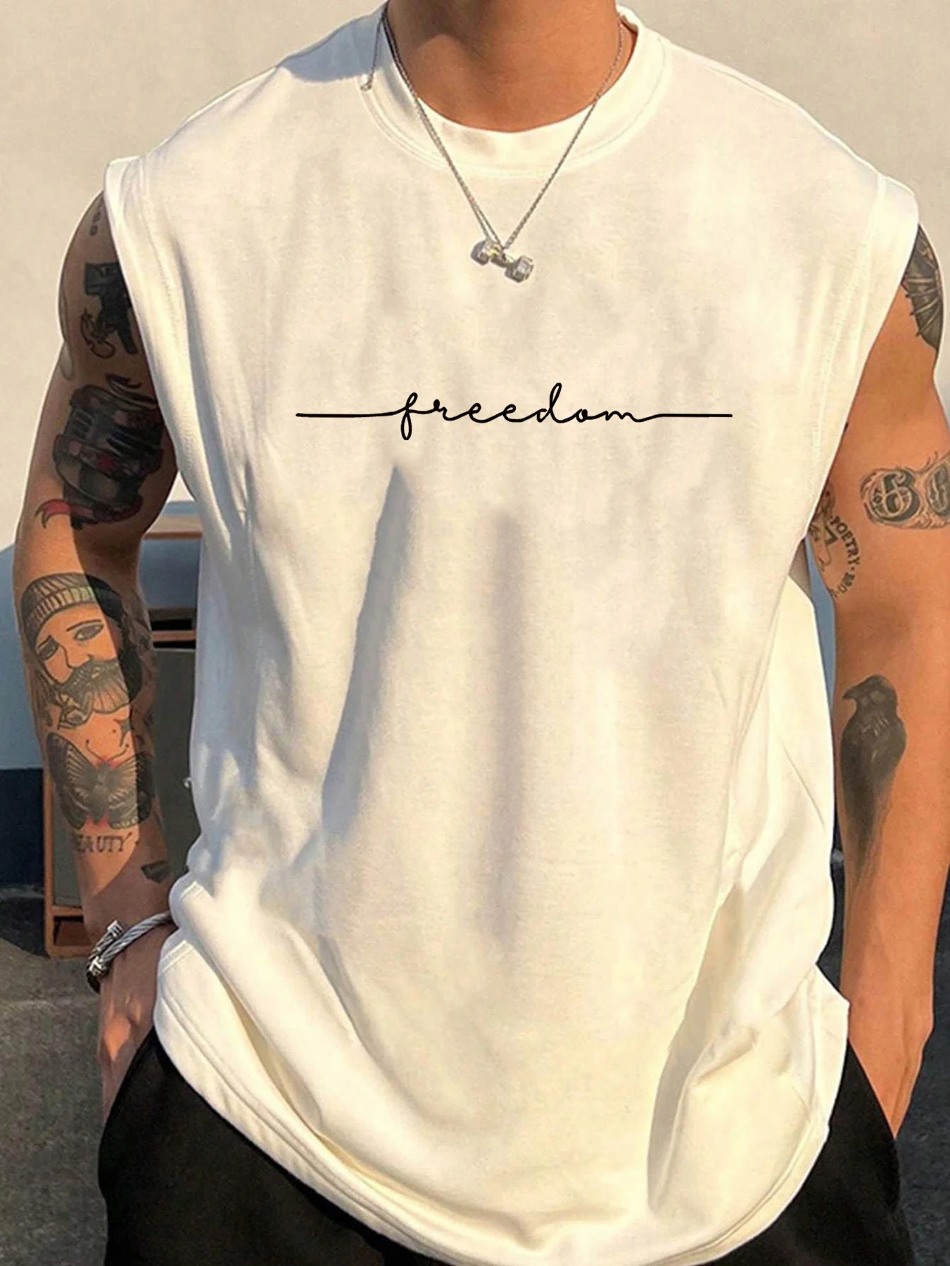 Men's Summer Leisure Sports Fitness Loose Freedom Letter Printed Comfortable Breathable Round Neck Sleeveless Tank Top