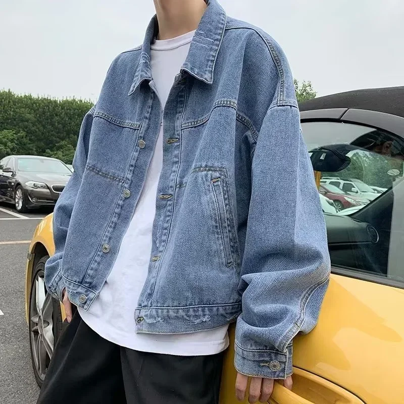 

New Single-breasted Blue Denim Jacket For Men Solid Color Retro Loose Outerwear Korean Fashion Jackets Y2K Streetwear
