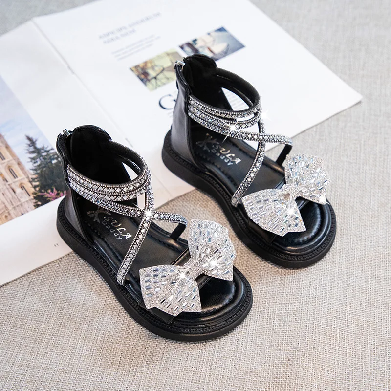 Rhinestones Bow Little Girl Sandals Girls Sandals 2022 Summer Kids Shoes Child Sandals Princess Beach Shoes Size 34 2 To 8 Years