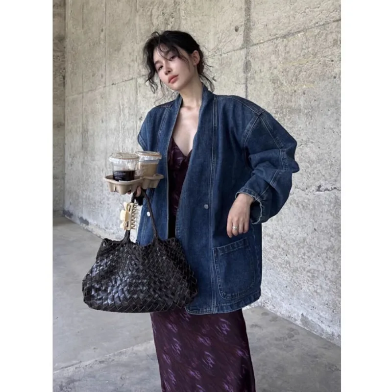 

SuperAen 2026 Spring and Autumn New Vintage Loose Design Double-breasted Denim Jacket for Women's High Street Coats