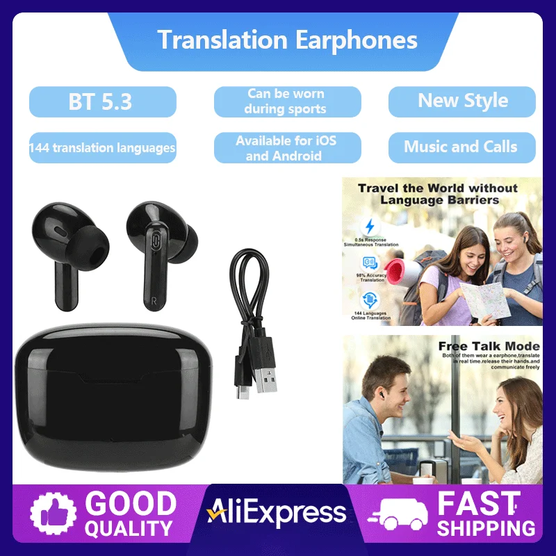 Tradutor Fones de ouvido Y113 Tradutor Fones de ouvido 3 modos 144 idiomas Tradução on-line Chamada de música BT Fone de ouvido com alto-falante preto