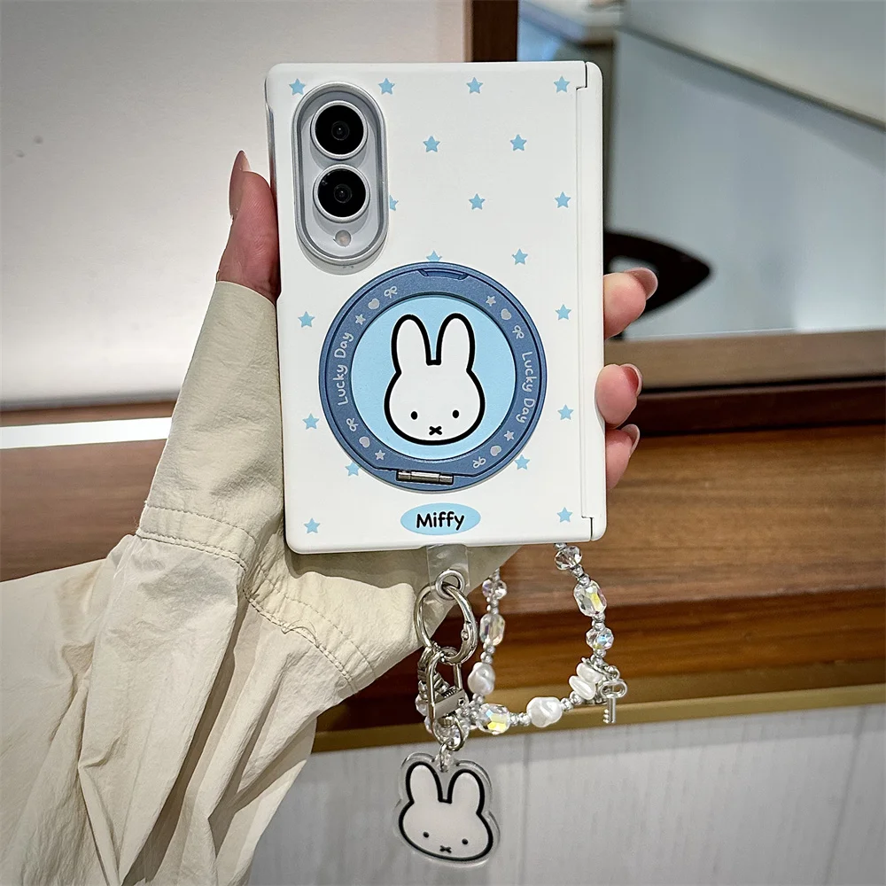 Cute Bunny Print miffy Rotating Stand Phone Case For Samsung Galaxy Z Fold8 With Crystal Bead Wrist Strap Korea Style Fundas