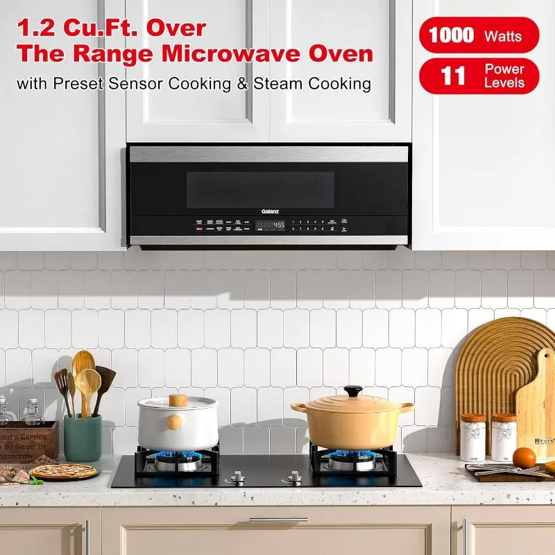 Galanz GLOMJK12S2SWN10 Low Profile Over The Range Microwave Hood Combination Steam & Sensor Cooking, 11 Power Levels, 1.2 Cu Ft