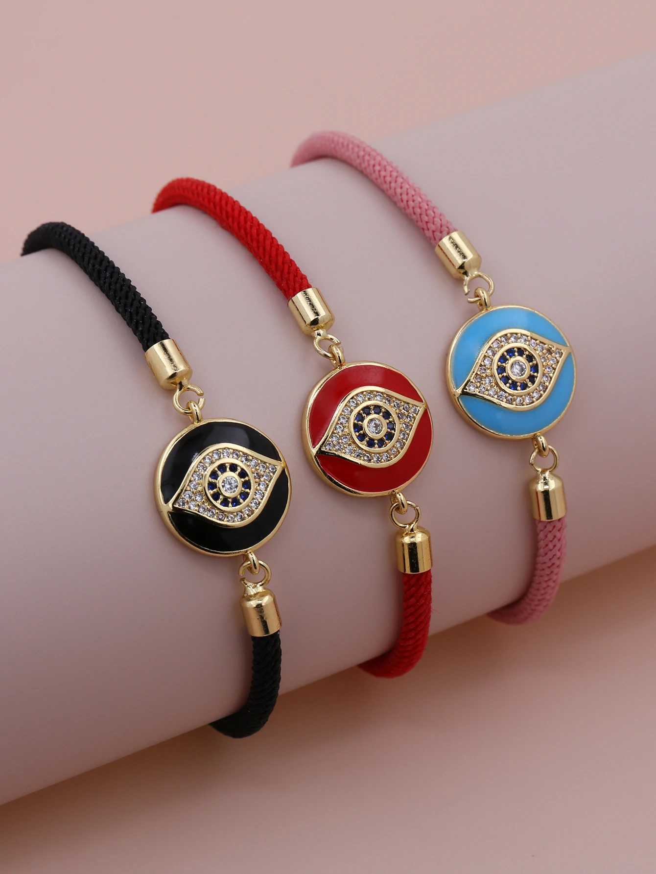 New Design Gold-Plated Copper Drop Oil Zircon Evil Eye Adjustable Push-Pull Red Pink Black Bracelet Men Women Charm Jewelry