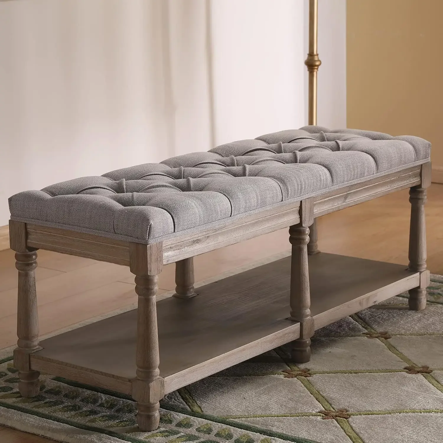 Mid Century Tufted Storage Bench with Shelf, Linen Upholstered Farmhouse Entryway Shoe Bench Ottoman Bed End Stool with Padded S