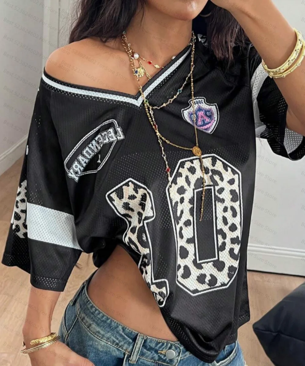Y2K 2000er Off-Shoulder Mesh Jersey Tops Damen Lässige Lockere Kurzarm-T-Shirts mit Schriftzug Vintage Streetwear Sexy Sport-Tops – Detail 3