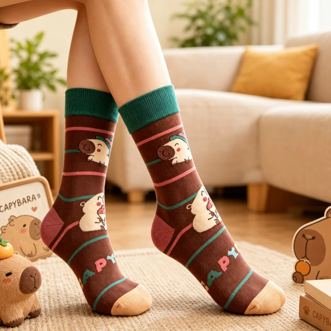 1 Pair Retro-Style Capybara Mid-Calf Socks,Brown Green Color-Block Design,Versatile Comfortable for All Seasons