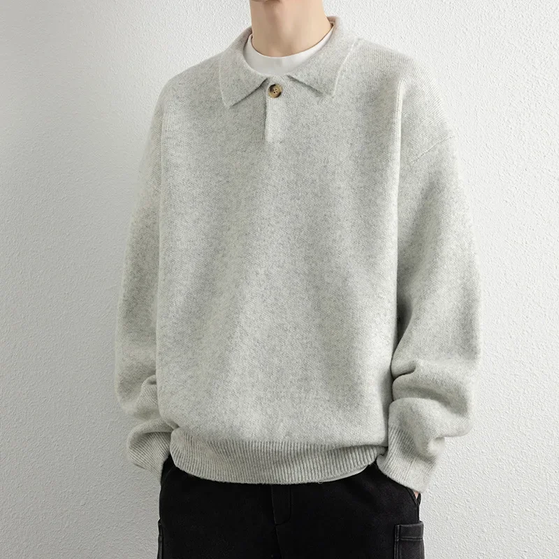 2025 New Men Turn Down Collar Polo Collar Pullover Sweater Loose Versatile Trendy Top Autumn Knit Outerwear