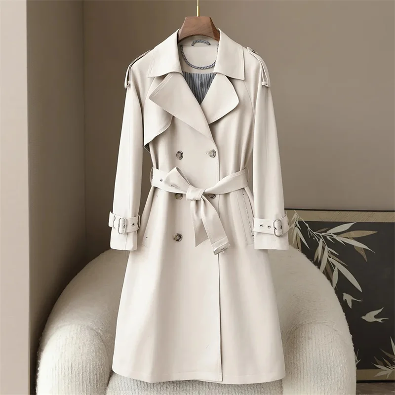 

Тренч женский модный двубортный с талией в британском стиле средней длины с длинными рукавами и поясом ветровка куртка