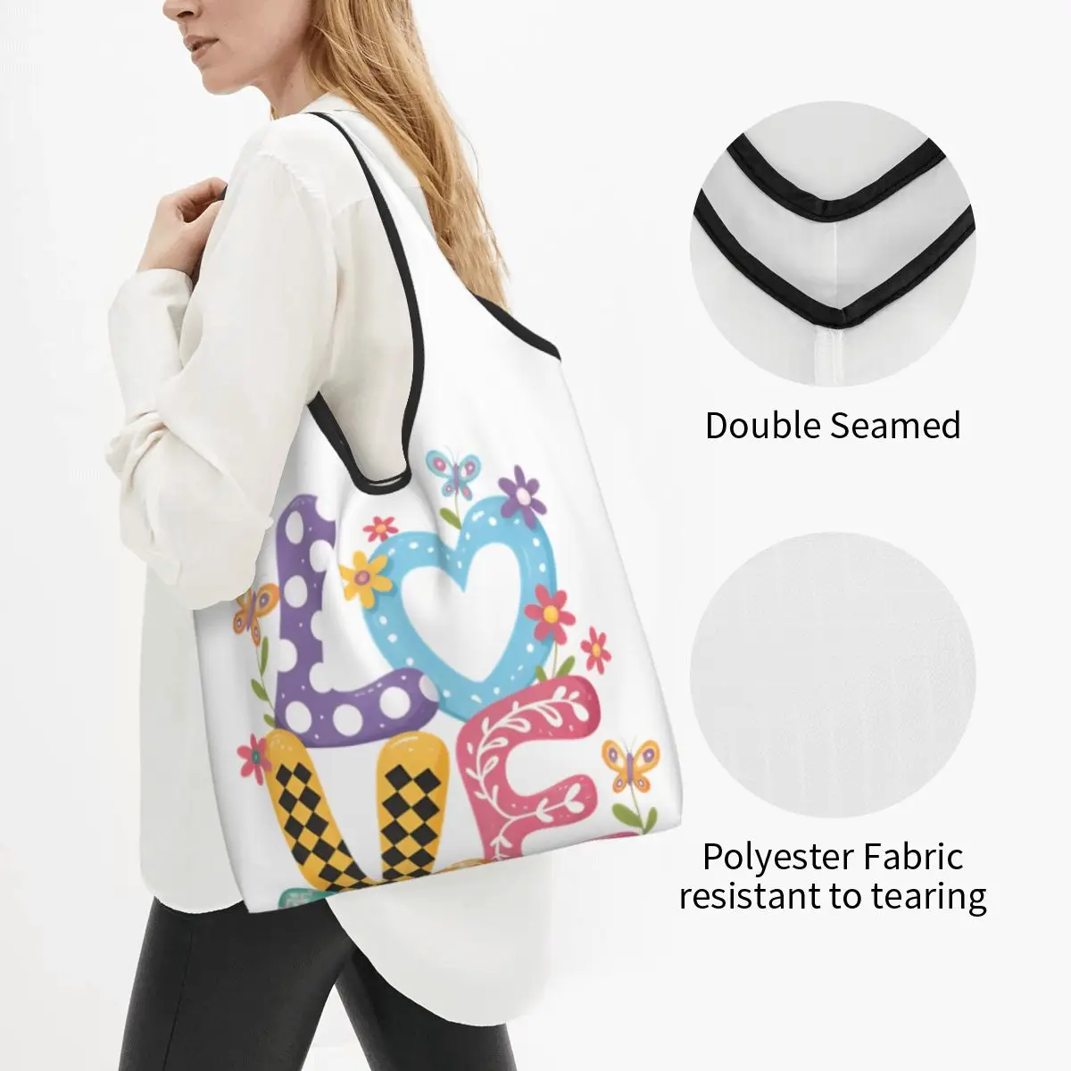 Love Easter Eggs Lover Reusable Shopping Grocery Bag Foldable 50LB Weight Capacity Happy Easter Day Eco Bag Eco-Friendly Ripstop