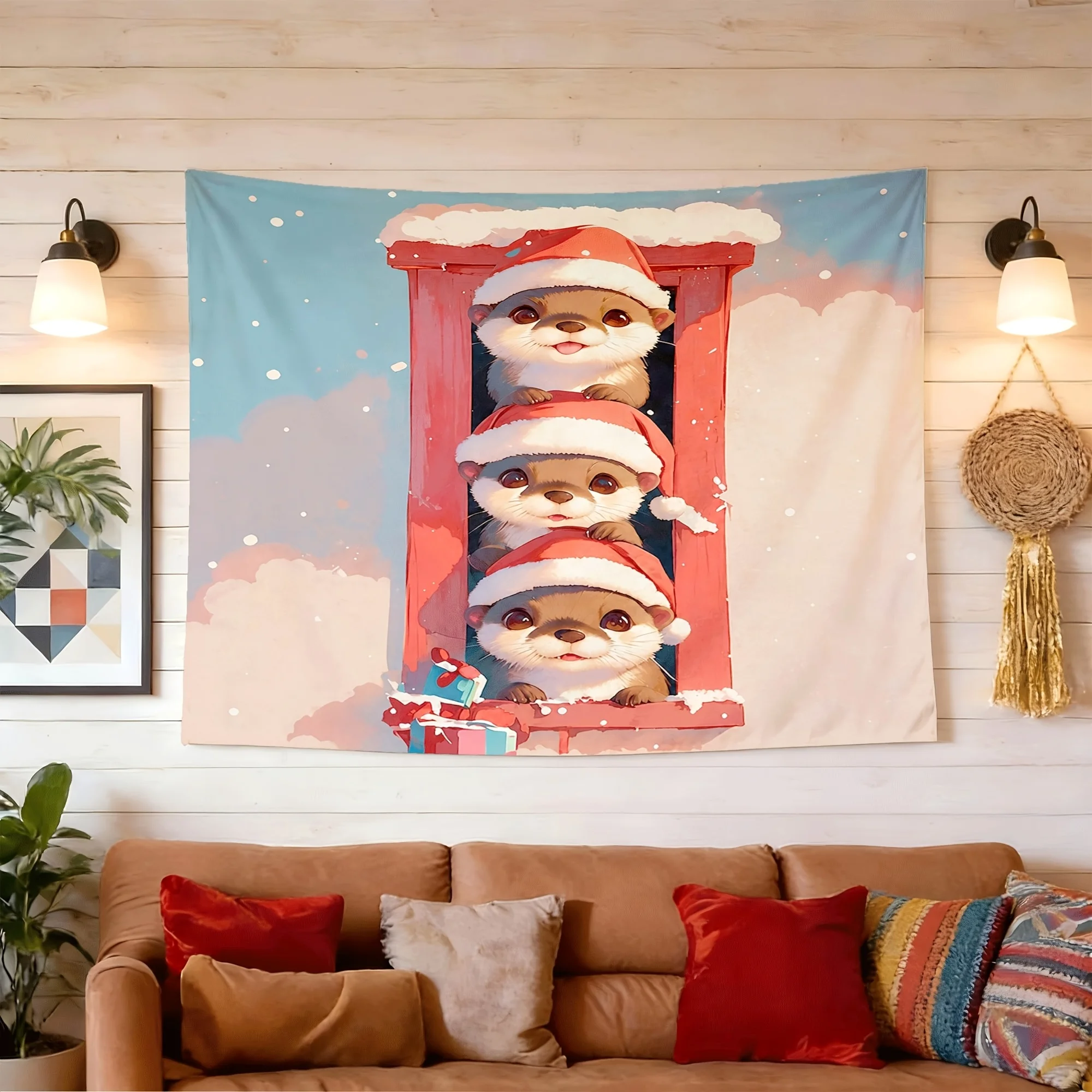 2D Flat,1pc Printed Tapestry, Cute Christmas Otters Stacked at Window Pattern, Wall Decor, for Living Room,Bedroom