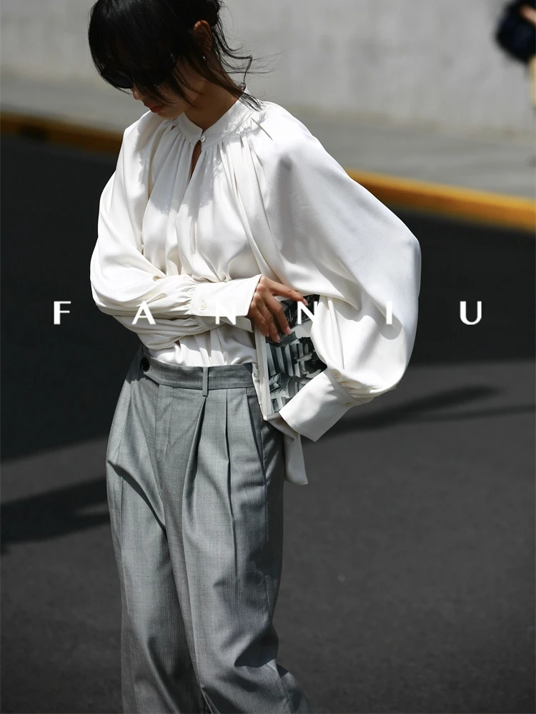 

Женская блузка Ele Spring Summer из ацетата с драпировкой, свободного кроя, универсальная, с воротником-стойкой и длинными рукавами-фонариками, цветная