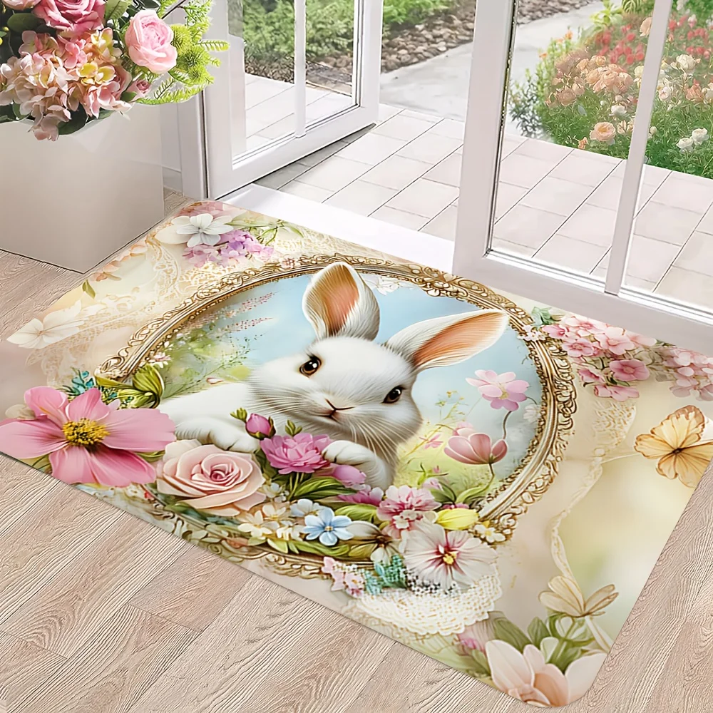 1pc Flower Photo Frame Rabbit Pattern Printing Door Mat for Home Holiday Decor, for home Easter Decor Carpet, Machine Washable