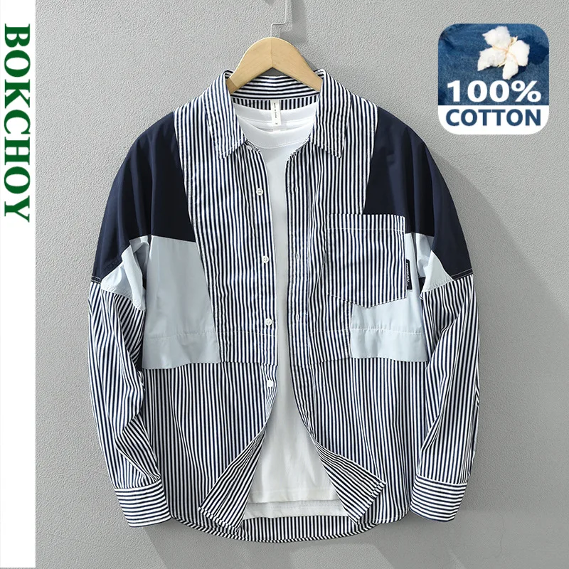 2024 Spring New Patchwork Striped 100% Cotton Shirts for Men Clothing Casual Loose Long Sleeve Streetwear Mens Shirts CM7208