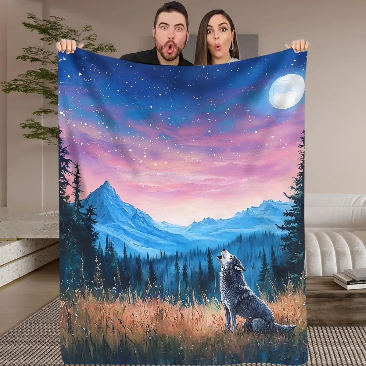 1pc Wolf howling at the moonlit night Digital Printed Design Pattern Blanket, All-Season Soft and Warm Throw, Ideal for Home Bed