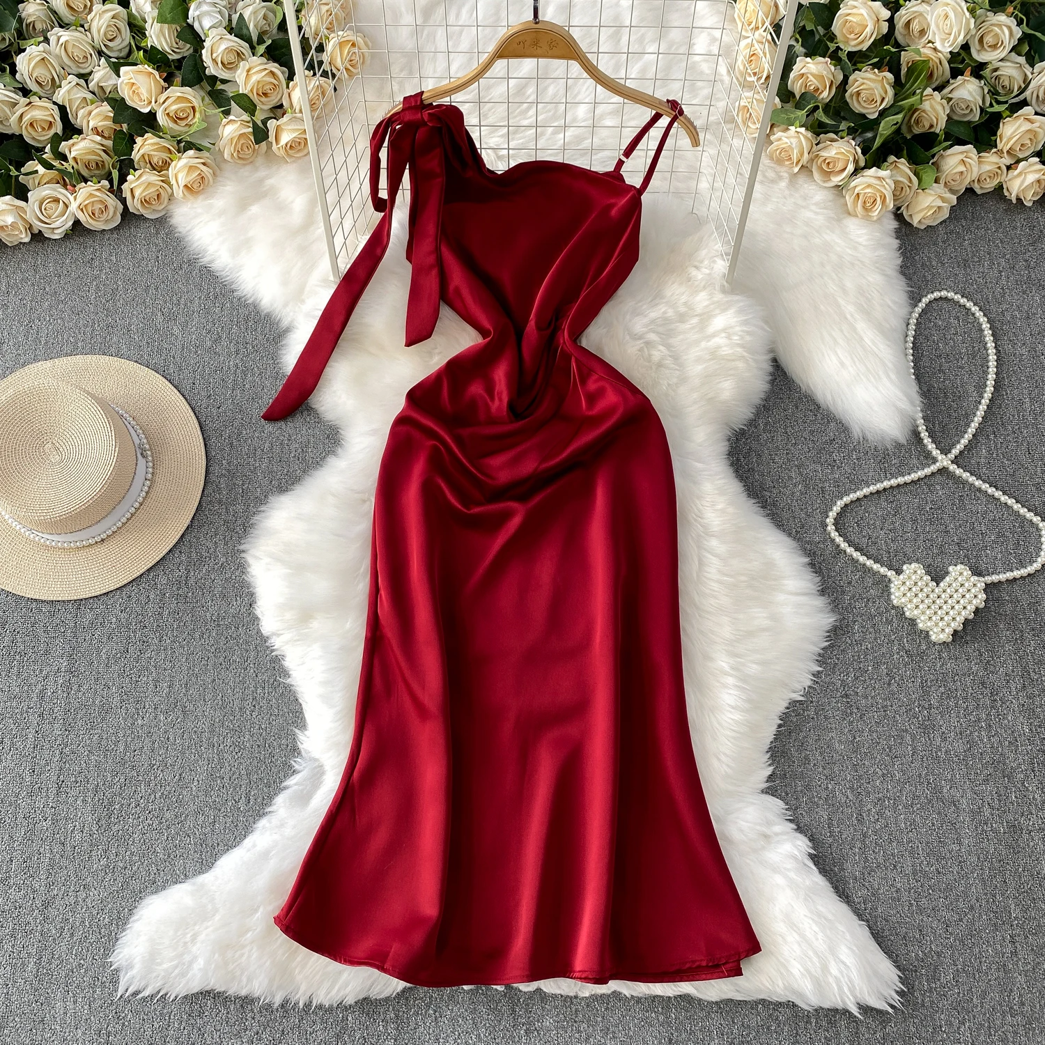 세련된 나비 슬림 새틴 하이 웨스트 이브닝 파티 롱 드레스 여성 하이 스트리트 행사 드레스