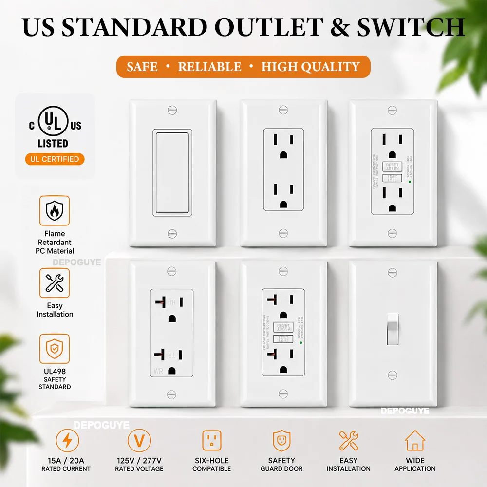 US Standard 15A 20A Wall Socket 110-250V 1 2 Gang Power Outlet Light Switch UL Certified Electrical Receptacle for North America