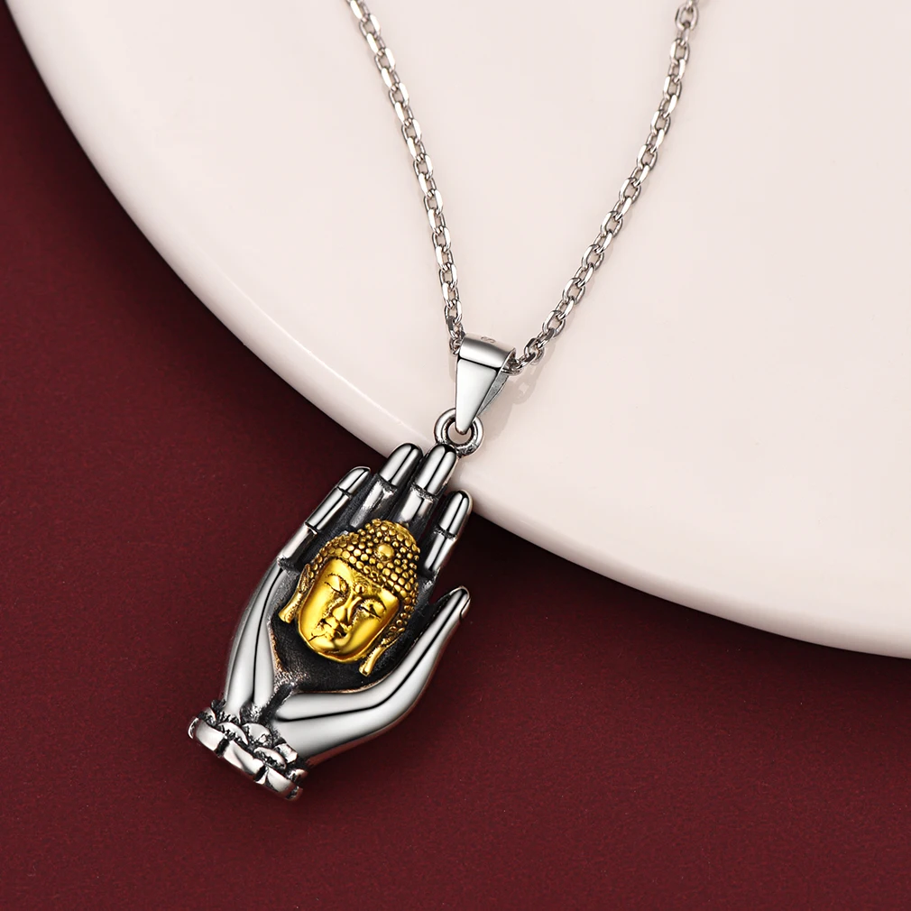 U7 النحاس Abhaya Mudra لفتة اليد 925 فضة بوذا رئيس قلادة قلادة 18 بوصة سلسلة للجنسين البوذية مجوهرات هدية #4