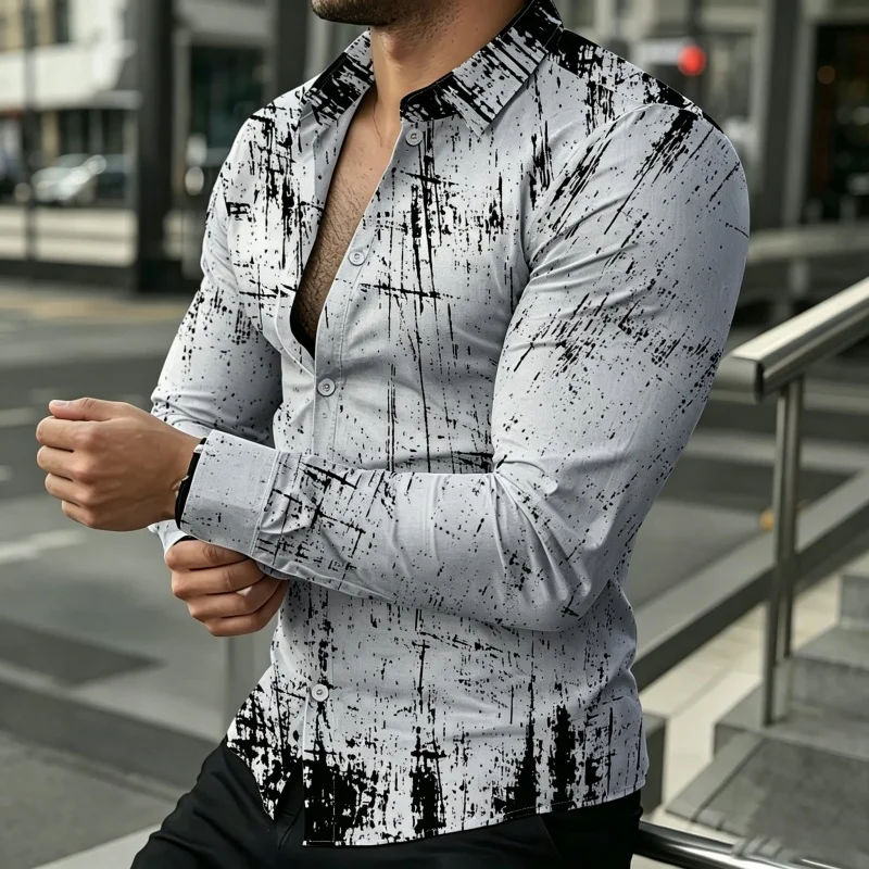 Men's shirt with black and white graffiti print long sleeved shirt, personalized lapel, slim fit, casual trend shirt XS-6XL