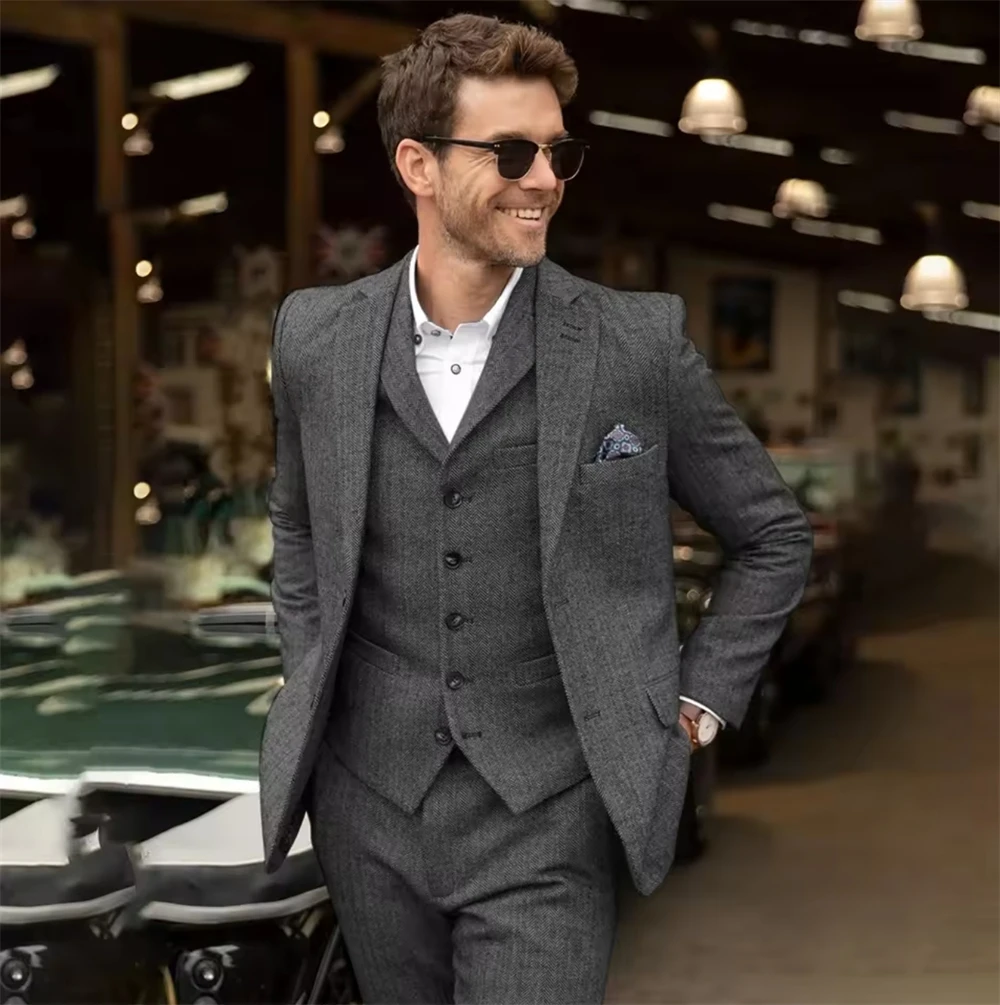 

3 Pieces Elegant Formal Suits for Men Herringbone Classic Men's Suits Clothing Male Full Wedding Men Set Tailor Made