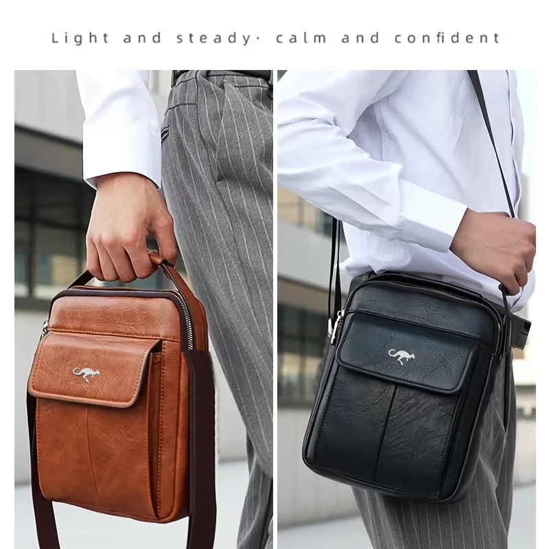 Hochwertige Leder-Umhängetasche für Herren, Elegante Schulterhandtasche mit Känguru-Emblem, Ideal für Geschäftsreisen – Detail 8